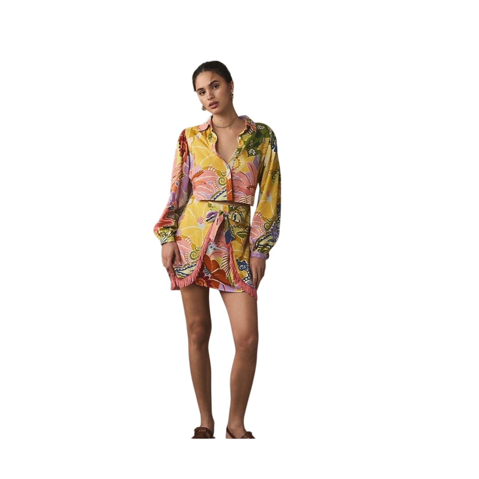 Farm Rio Long Sleeve Fringe Mini Dress Anthropologie Size Small
